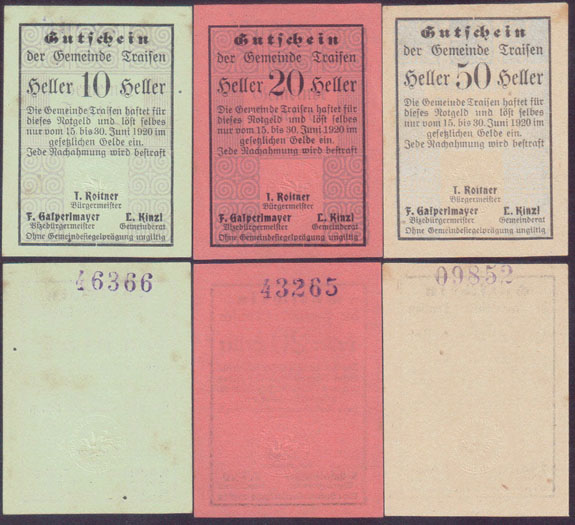 1920 Austria Notgeld 10, 20 + 50 Heller (Traisen) L000627